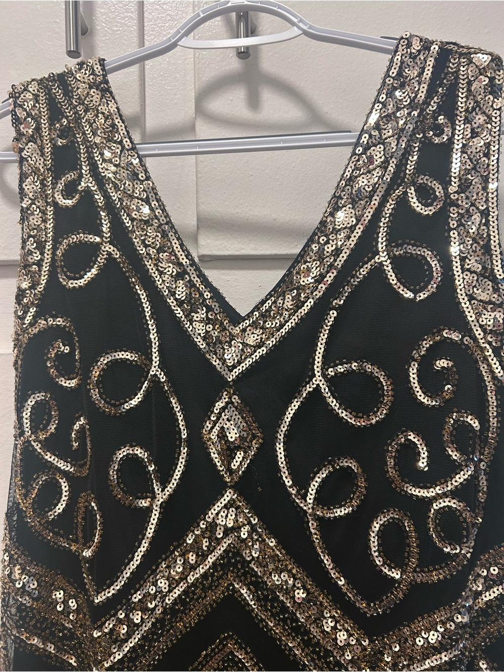 Black Beaded Fringe V-Neck Evening Dress - Picture 6 of 11
